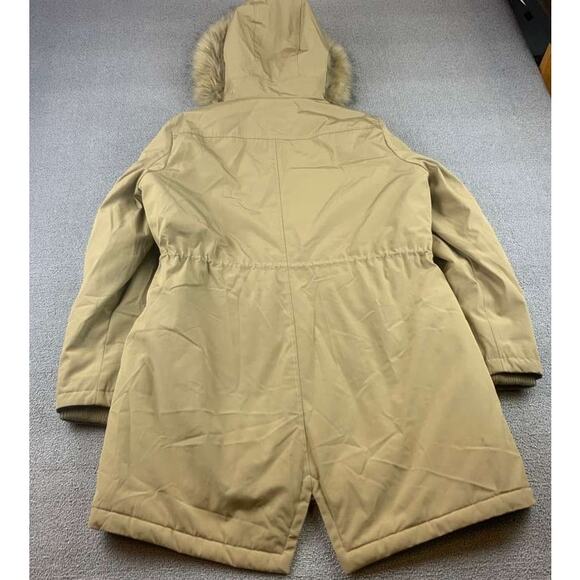 Levi’s Hooded Parka Jacket Women L Tan Faux Fur Trim Quilted Lining Drawcord - Picture 2 of 13